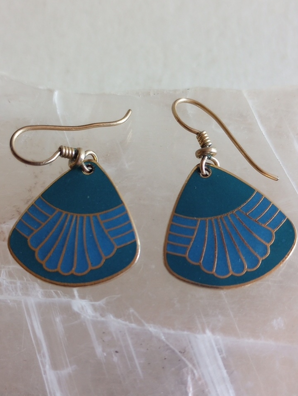 Laurel Burch Dangle BLUE/TEAL Enamel EARRINGS Fan Shape